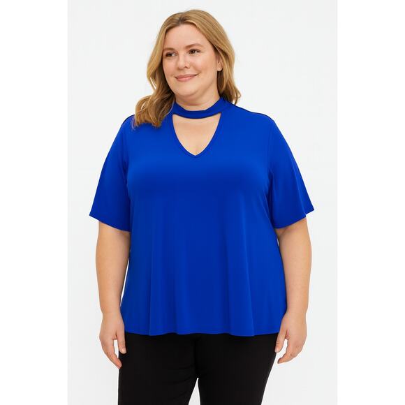 Title: Boutique Plus Women's Cut Out Keyhole Neck Top – Blue, Size 0X (Plus) - Picture 1 of 9